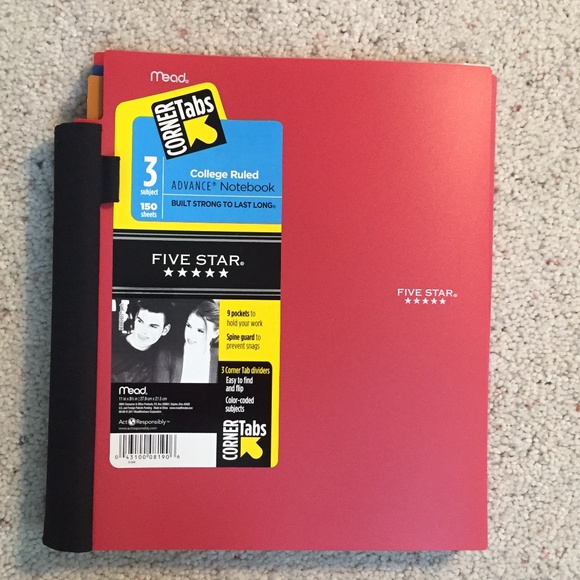 Five Star Office Advance Corner Tab 3 Subject Notebook Red Poshmark